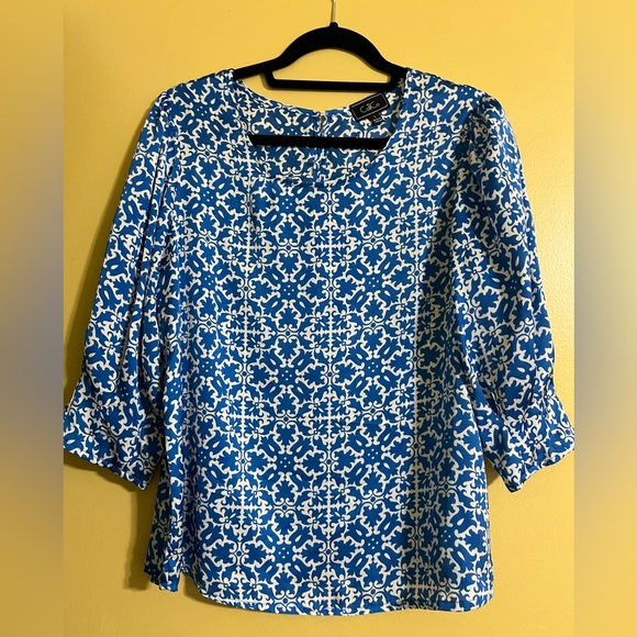 C&C California Tops - C&C California Blue and White Geometric Tile-Print Tunic
